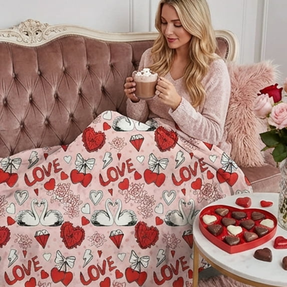 Hometravel Valentine's Day Flannel Blanket, Extra Soft Fleece Material for Bed Sofa, Warm Comfortable Throw for Home Decor, Seasonal Decorative Accent Piece