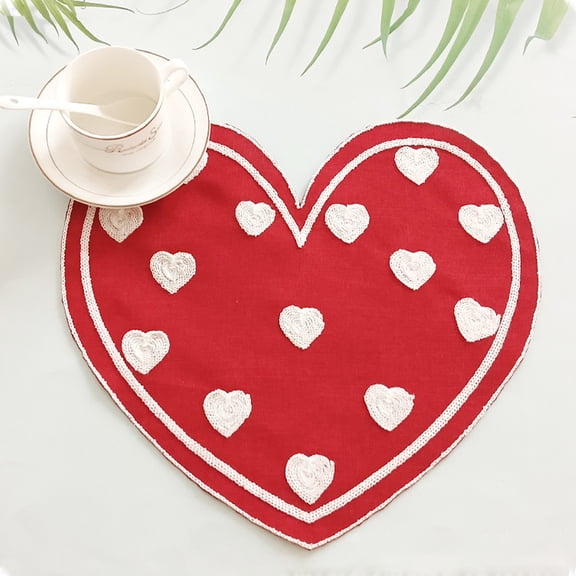 Hometravel Valentine's Day Heart Embroidered Placemats and Cup Mat, Romantic Table Setting Decor for Dining, Coffee Table, and Holiday Celebration