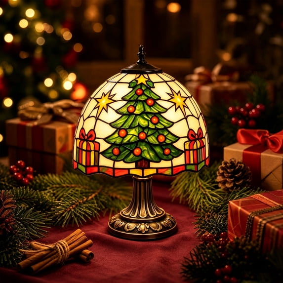 Tree Staining Hometravel Vintage Christmas Tree Stained Glass Table Lamp, Warm Glow ...