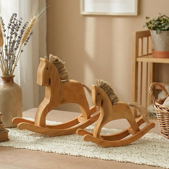 Hometravel Vintage Rocking Horse Ornaments, Handmade Wood Carving Small Horse Sculpture, Nostalgic Tabletop Decor for Living Room Bedroom Foyer