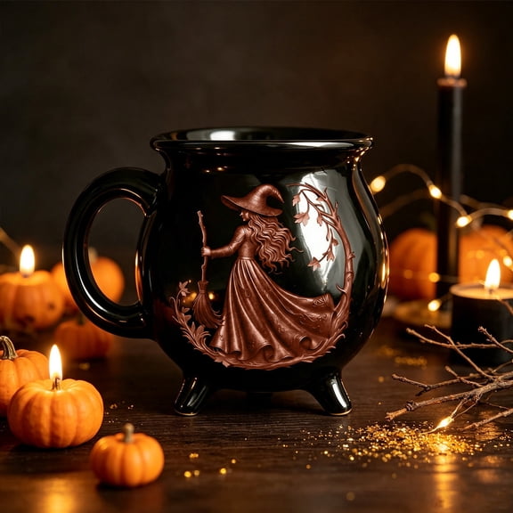 Hometravel Witch Cauldron Mug 12 oz, Halloween Brew Ceramic Coffee Cup, Novelty Magic Witch Flame Drinking Mug for Home Kitchen Party