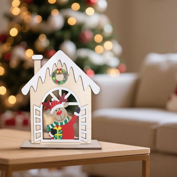 Hometravel Wooden Christmas House, Desktop Holiday Decor, Festive Tabletop Display for Party and Seasonal Arrangements