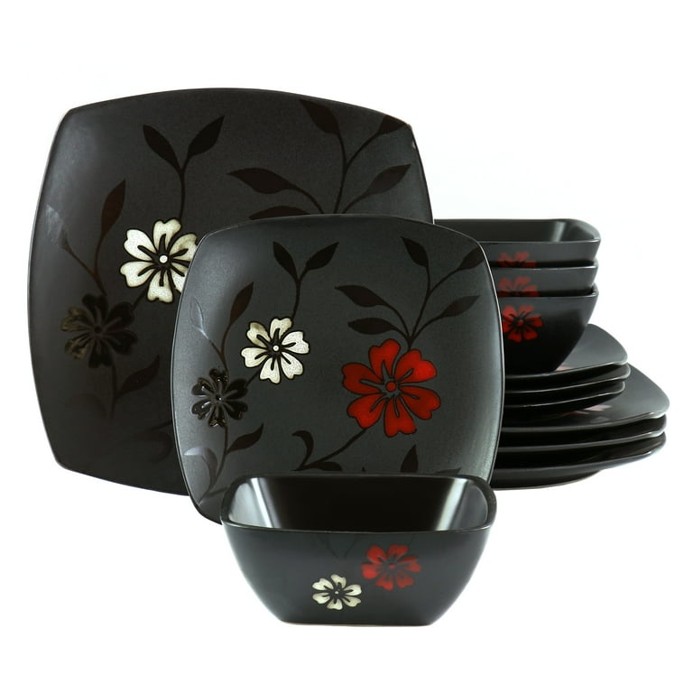 Hometrends Evening Blossom 12 Piece Square Stoneware Dinnerware Set in Black Walmart