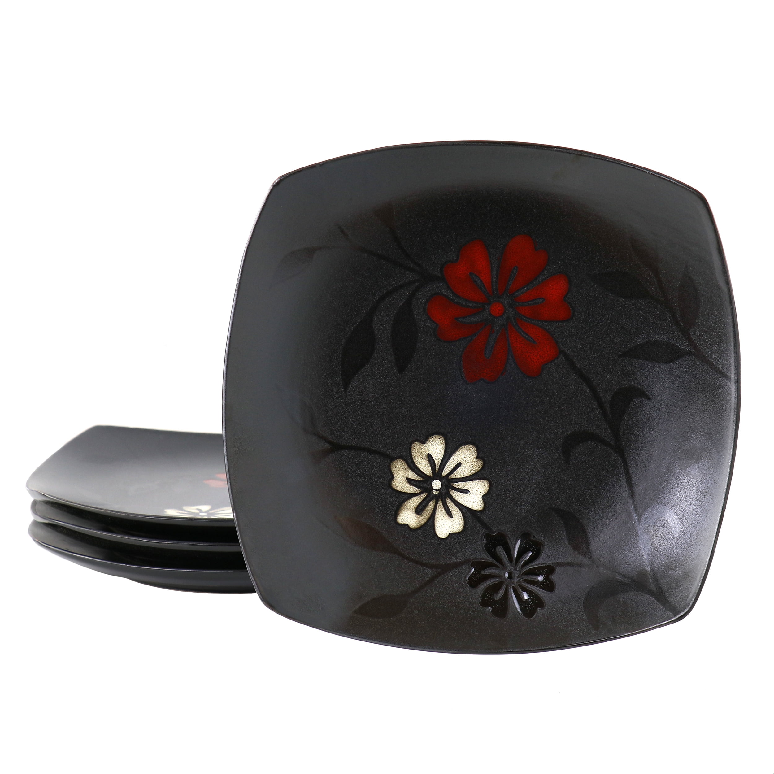 Black Ceramic Square Salad Plates with Floral Design, Set of 4