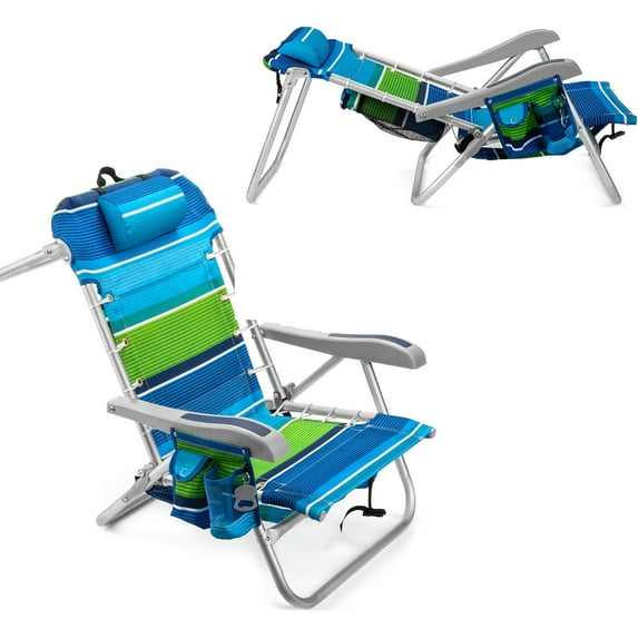 Homevative Backpack Fold-Up Beach Chair, 5 Positions, Towel bar, Cooler, Storage Pouch, Cup Holder and Phone Pocket