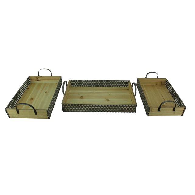 Homeview Design Set of 3 Rustic Metal And Wood Decorative Trays