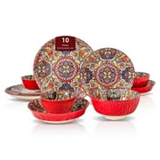 Homevss Boho 10 Pieces Dinnerware Sets, Plates and Bowls Set, Porcelain Dishes Set for 2, Microwave and Dishwasher Safe, Scratch Resistant, Bohemian Style Dining Ware, Red