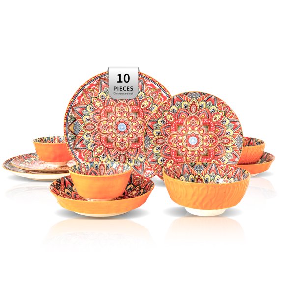 HomeVss Boho 10 Pieces Dinnerware Sets, Plates and Bowls Set, Porcelain Dishes Set for 2, Microwave and Dishwasher Safe, Scratch Resistant, Bohemian Style Dining Ware, Orange