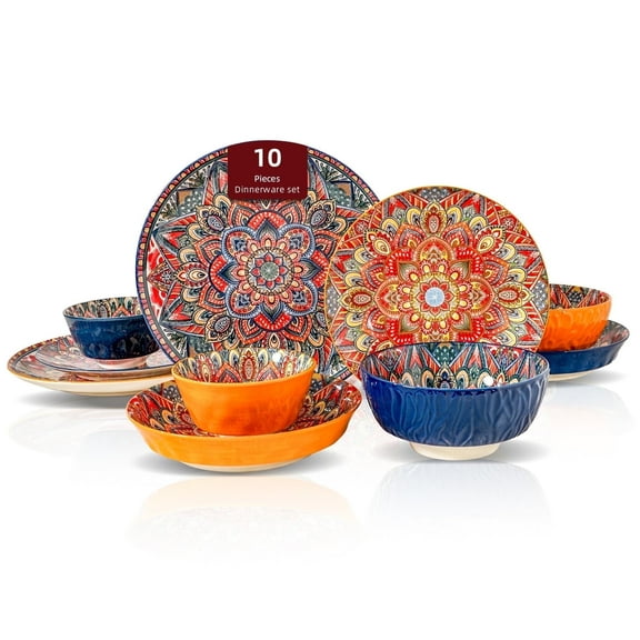 Homevss 10 Pieces Dinnerware Sets, Plates and Bowls Set, Porcelain Dishes Set for 2, Microwave and Dishwasher Safe, Scratch Resistant, Bohemian Style Dining Ware