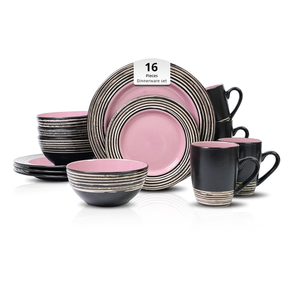 Homevss 16 Piece Dinnerware Set for 4, Ceramic Plates and Bowls Sets, Scratch Resistant, Dishwasher & Microwave Safe, Tree Bark Series, Pink