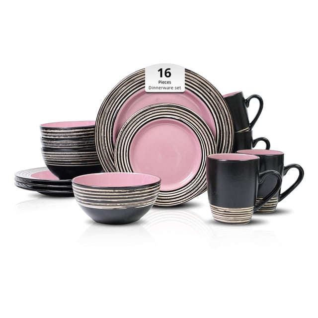 Homevss 16 Piece Dinnerware Set for 4, Ceramic Plates and Bowls Sets ...