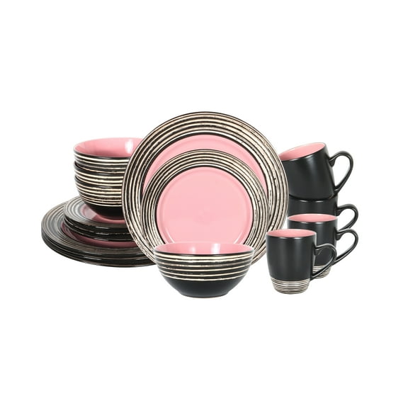 Homevss 16 Piece Dinnerware Set for 4, Ceramic Plates and Bowls Sets, Scratch Resistant, Dishwasher & Microwave Safe, Tree Bark Series, Pink