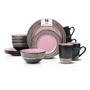 Homevss 16 Piece Dinnerware Set for 4, Ceramic Plates and Bowls Sets, Scratch Resistant, Dishwasher & Microwave Safe, Tree Bark Series, Pink