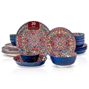 Homevss 20 Pieces Dinnerware Sets, Plates and Bowls Set, Porcelain Dishes Set for 4, Microwave and Dishwasher Safe, Scratch Resistant, Bohemian Style Dining Ware