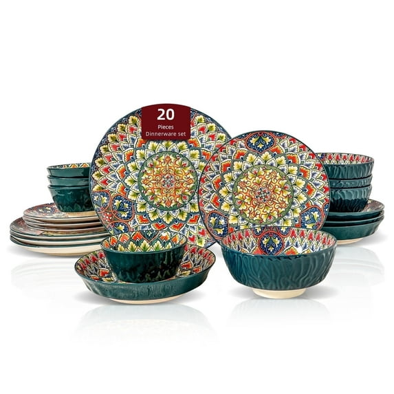 Homevss Boho 20 Pieces Dinnerware Sets, Plates and Bowls Set, Porcelain Dishes Set for 4, Microwave and Dishwasher Safe, Scratch Resistant, Bohemian Style Dining Ware, Green