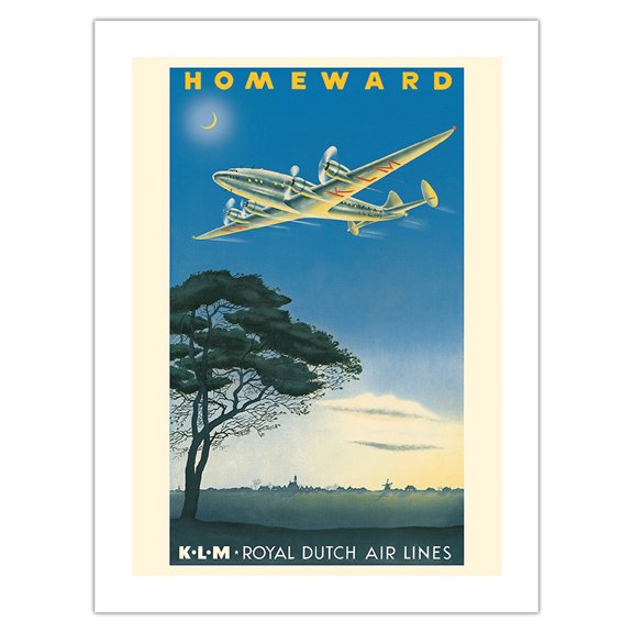 Homeward to Netherlands - KLM Royal Dutch Airlines- Lockheed Constellation - Vintage Airline Travel Poster by Paul C. Erkelens c.1944 - Fine Art Matte Paper Print (Unframed) 24x32in