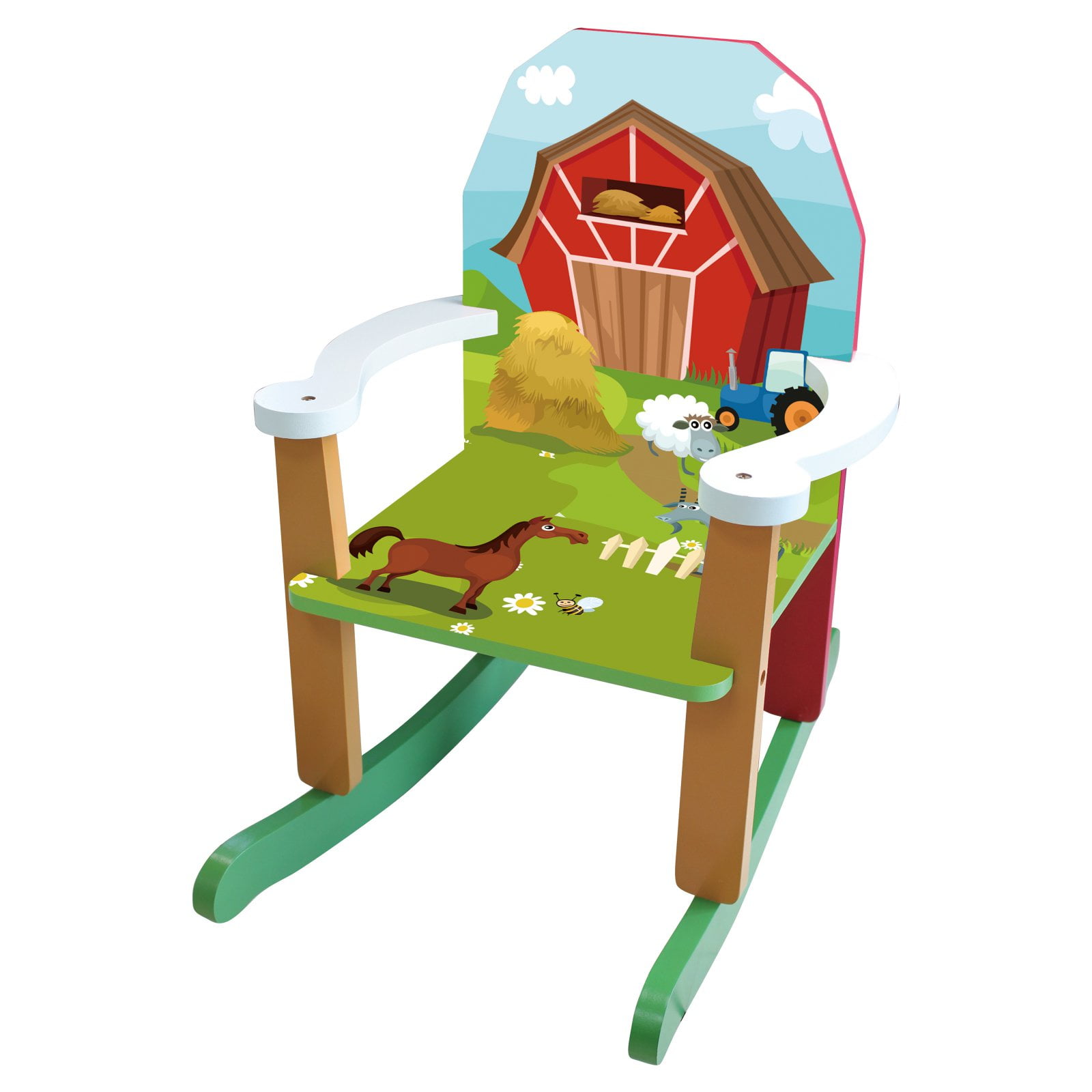 Homeware Wood Farm Themed Rocking Chair - Multi Color, Painted Finish. for Ages 1 to 5 Years Great for any Bedroom, Play Room or Living Room