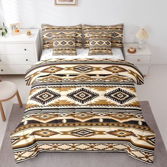 Homewish Aztec Geometric Rhombus 7-Piece Twin Bedding,Vintage Brown Boho Bedding Comforter Set,Reversible