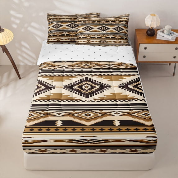 Homewish Aztec Geometric Rhombus Zipper Twin Comforter Sets with Fitted Sheet and 2 Pillowcases,Vintage Brown Boho Zipper Bedding Set,Reversible,4pcs