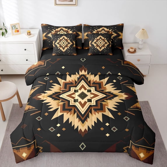 Homewish Black Gold Bohemian 7-Piece Twin Bedding,Boho Exotic Style Bedding Comforter Set,Black Reversible