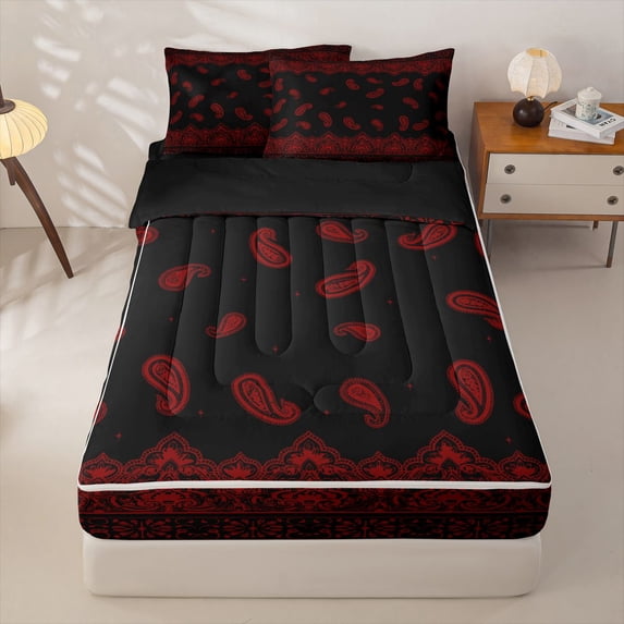 Homewish Black Red Boho Zipper Queen Comforter Set with Fitted Sheet and 2 Pillowcases,Rustic Exotic Paisley Zipper Bedding Set,Black Reversible,4pcs