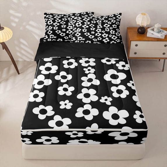 Homewish Black White Flowers Zipper Queen Comforter Set with Fitted Sheet and 2 Pillowcases,Kawaii Floral Zipper Bedding Set,Black Reversible,4pcs