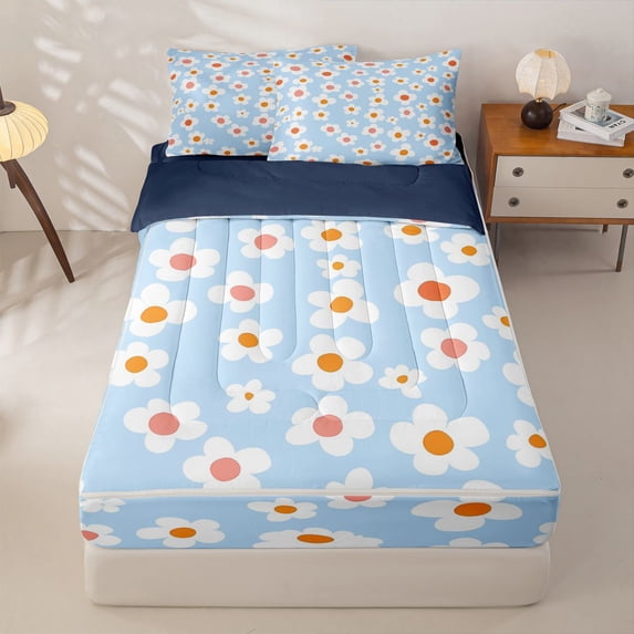 Homewish Blue Floral Zipper Full Size Comforter Sets with Fitted Sheet and 2 Pillowcases,Watercolor Flower Print Zipper Bedding Set,Navy Blue Reversible,4pcs