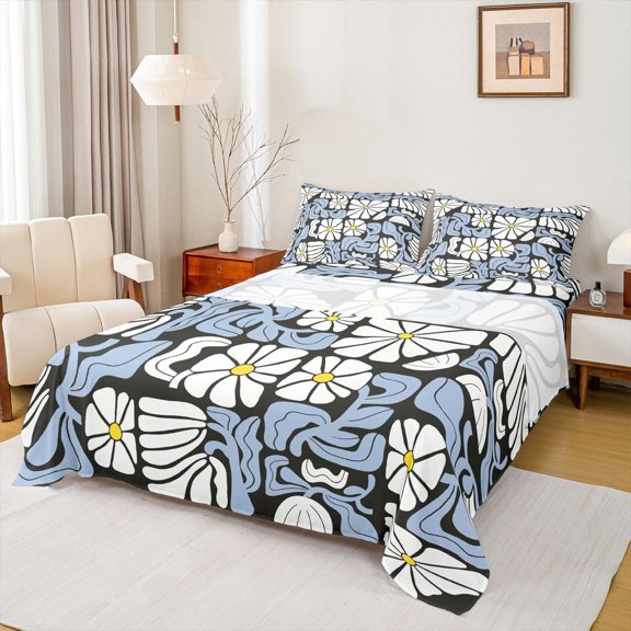 Homewish Blue White Boho Bed Sheets,Vintage Daisy Flowers Full Size Sheets,4-Piece,1 Flat Sheet, 1 Fitted Sheet and 2 Pillowcases