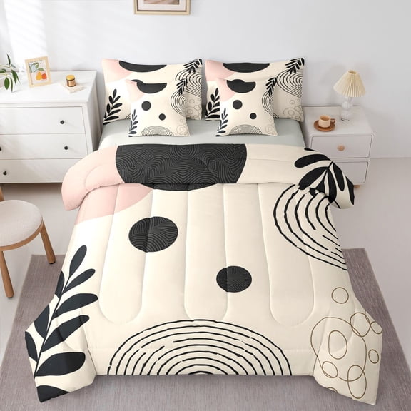 Homewish Bohemian Abstract Geometric 7-Piece Twin Bedding,Mid-Century Leaves Print Bedding Comforter Set,Light Gray Reversible