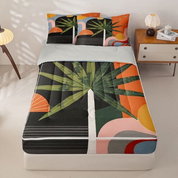 Homewish Bohemian Abstract Geometric Zipper Full Size Comforter Sets with Fitted Sheet and 2 Pillowcases,Mid-Century Art Zipper Bedding Set,Orange,Light Gray Reversible,4pcs