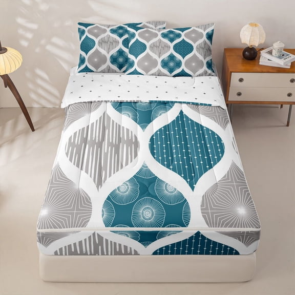 Homewish Bohemian Abstract Geometric Zipper Queen Comforter Set with Fitted Sheet and 2 Pillowcases,Spiral Lines Zipper Bedding Set,Teal,Reversible,4pcs