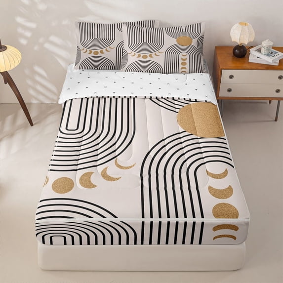 Homewish Bohemian Abstract Lines Zipper Twin Comforter Sets with Fitted Sheet and 2 Pillowcases,Mid-Century Artwork Zipper Bedding Set,Beige,Reversible,4pcs