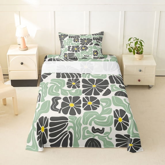 Homewish Bohemian Abstract Pattern Twin Sheets,Green Gray Daisy Flowers Bedding,3-Piece,1 Fitted Sheet and 1 Pillowcase
