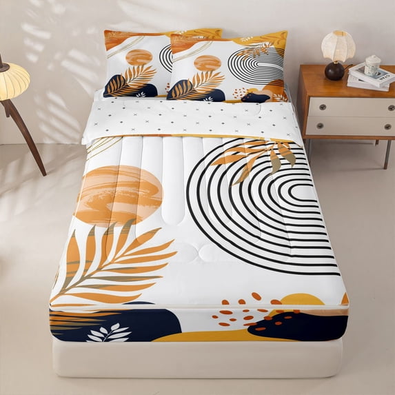 Homewish Bohemian Abstract Stripes Zipper Queen Comforter Set with Fitted Sheet and 2 Pillowcases,Mid-Century Plants Zipper Bedding Set,White Orange,Reversible,4pcs