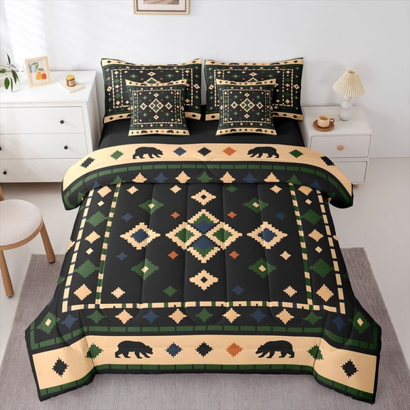 Homewish Bohemian Bear Animals 7-Piece Twin Bedding,Retro Geometric Rhombus Bedding Comforter Set,Black Reversible