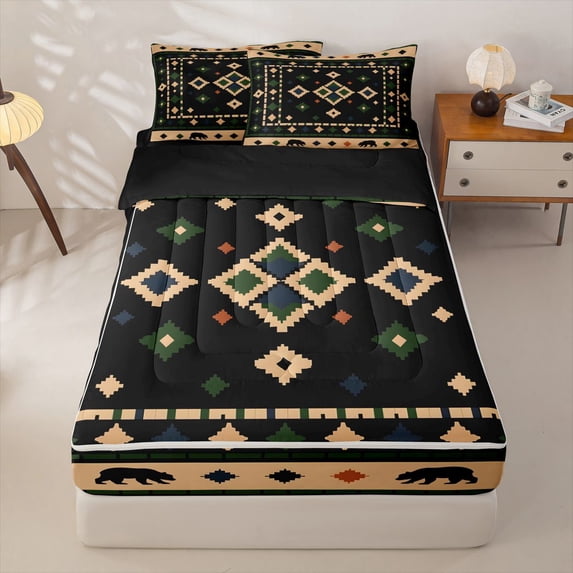Homewish Bohemian Bear Animals Zipper Queen Comforter Set with Fitted Sheet and 2 Pillowcases,Retro Geometric Rhombus Zipper Bedding Set,Black Reversible,4pcs