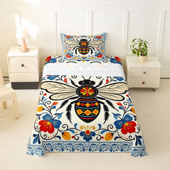 Homewish Bohemian Bee Twin Sheets,Vintage Floral Bedding,Blue Red,3pcs,1 Fitted Sheet and 1 Pillowcase
