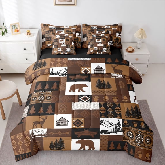 Homewish Bohemian Checkered Animals 7 Pieces Full Size Bedding Sets,Vintage Deer Bear Full Size Bed in a Bag,Brown,Black Reversible