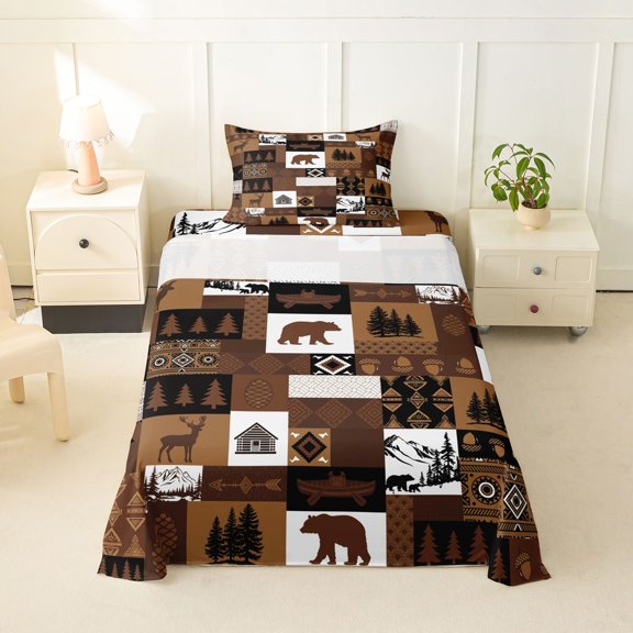 Homewish Bohemian Checkered Animals Twin Sheets,Vintage Deer Bear Bedding,Brown,3-Piece,1 Fitted Sheet and 1 Pillowcase