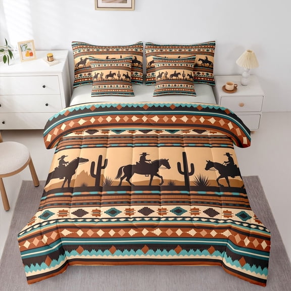 Homewish Bohemian Cowboy 7-Piece Twin Bedding,Rustic Boho Stripes Bedding Comforter Set,Brown Teal,Light Gray Reversible