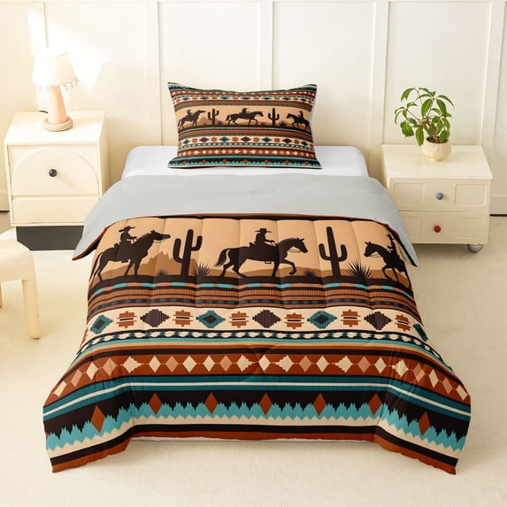 Homewish Bohemian Cowboy Twin Comforter Sets,Rustic Boho Stripes Bedding Set,Brown Teal,Light Gray Reversible,2pcs,1 Comforter and 1 Pillowcase