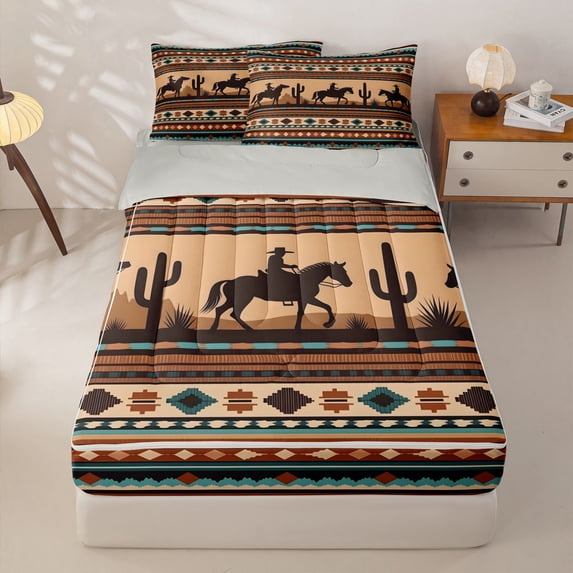 Homewish Bohemian Cowboy Zipper Twin Comforter Sets with Fitted Sheet and 2 Pillowcases,Rustic Boho Stripes Zipper Bedding Set,Brown Teal,Light Gray Reversible,4pcs