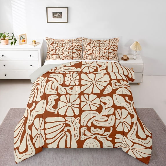 Homewish Bohemian Daisy Floral Full Size Comforter Sets,Abstract Artwork Bedding Comforter Set,Brown,Light Gray Reversible,3 Pieces,1 Comforter and 2 Pillowcases