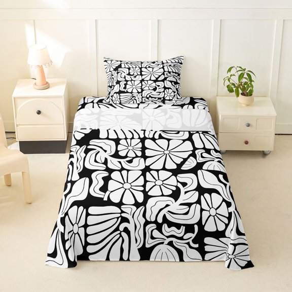 Homewish Bohemian Daisy Floral Twin Sheets,Abstract Aesthetic Bedding,White Black,3 Pieces,1 Fitted Sheet and 1 Pillowcase