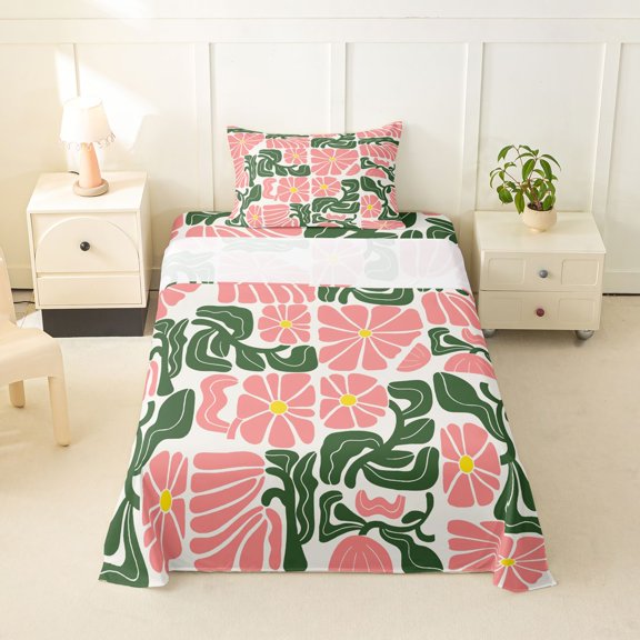 Homewish Bohemian Daisy Floral Twin Sheets,Aesthetic Artwork Bedding,Pink Green,3pcs,1 Fitted Sheet and 1 Pillowcase