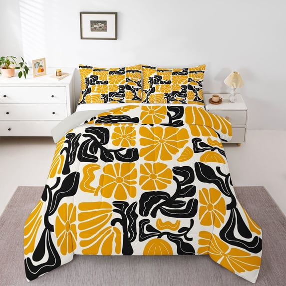 Homewish Bohemian Daisy Flowers Full Size Comforter Sets,Classic Aesthetic Bedding Comforter Set,Orange Black,Light Gray Reversible,3 Pieces,1 Comforter and 2 Pillowcases