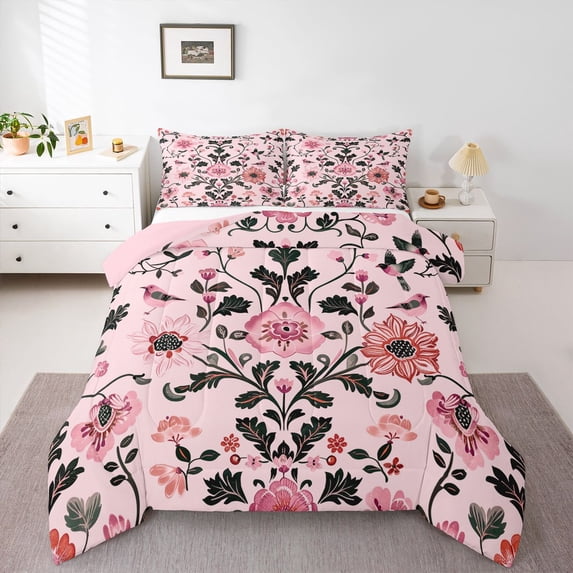 Homewish Bohemian Damask Floral Queen Comforter Set,Pink Flowers Bird Comforter Sets Queen,Pink Reversible,3-Piece,1 Comforter and 2 Pillowcases