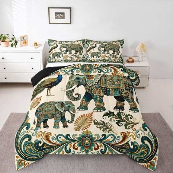 Homewish Bohemian Elephant Animals Queen Comforter Set,Paisley Peacock Comforter Sets Queen,Cream Green,Black Reversible,3-Piece,1 Comforter and 2 Pillowcases