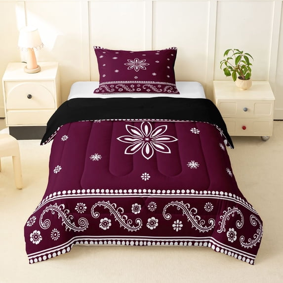 Homewish Bohemian Exotic Themed Twin Comforter Sets,Rustic Paisley Print Bedding Set,Purple,Black Reversible,2pcs,1 Comforter and 1 Pillowcase
