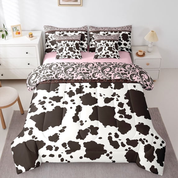 Homewish Bohemian Farm Animals Print 7-Piece Twin Bedding,Vintage Paisley Bedding Comforter Set,Pink,Pink Reversible